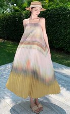 Women's Leisure Retro gradient color pleated sling seaside vacation long dress 