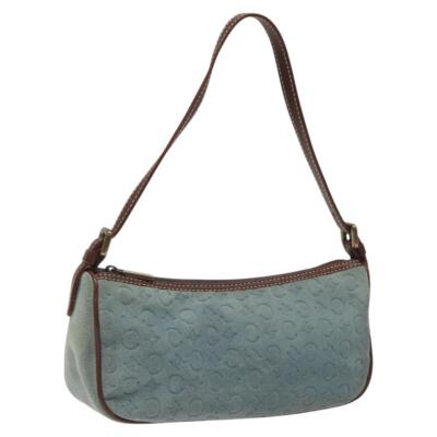 CELINE C Macadam Canvas Accessory Pouch Suede Light Blue Gold Auth 116852