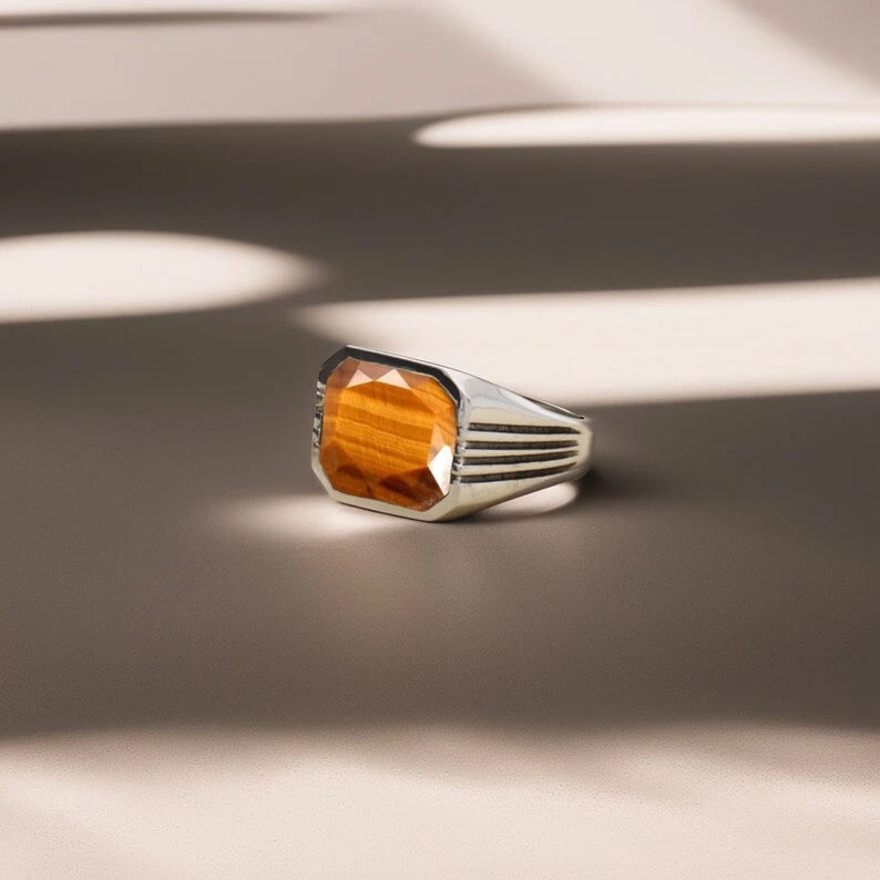 ANILLO OJO DE TIGRE NATURAL ANILLO PLATA ESTERLINA 925 BOHO ANILLO SELLO HOMBRE Foto 4 de 4