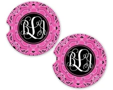 Car Coaster Set Pink Bandana Paisley Sandstone Custom personalized Monogram Gift