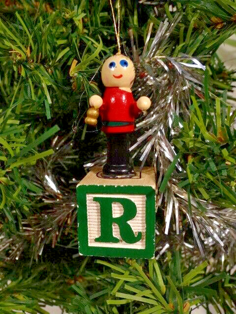 Vintage Style Personalized Initial "R" Wooden Block Ornament Boy w/Bell 3" H