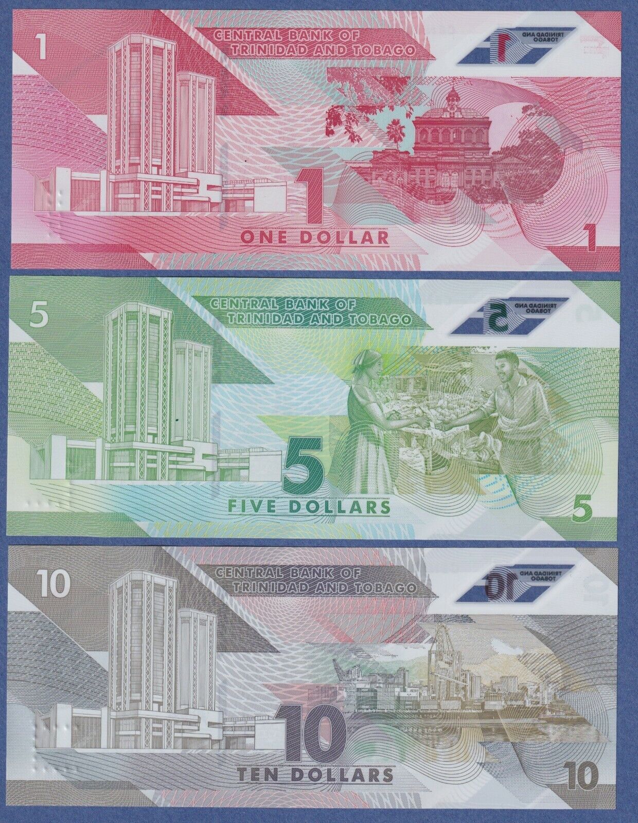 TRINIDAD AND TOBAGO Set of 3 - $1, $5 & $10 (2020/2021) P-NEW UNC Polymer Notes