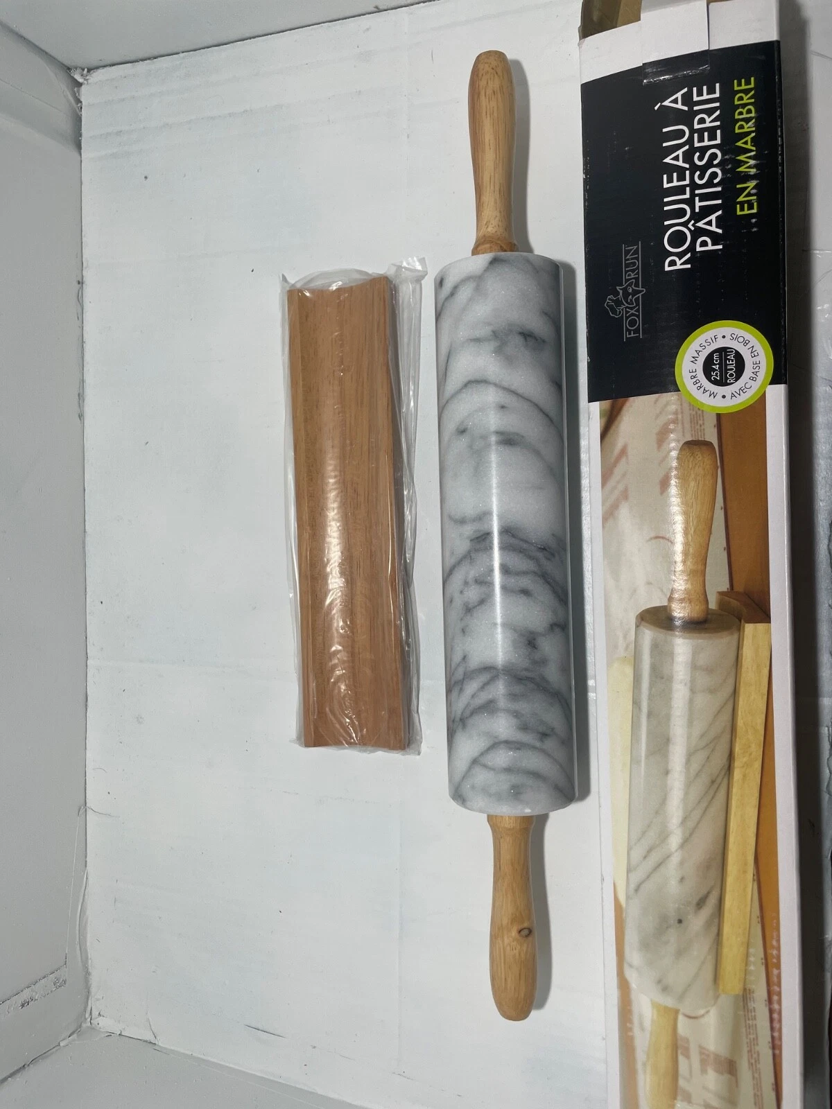 2pc Marble Rolling Pin and Base with Wood Handles