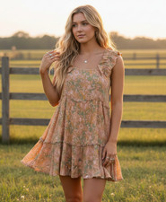 Oddy S Mini Dress Babydoll Ruffle Pink Green Floral Swing Cottage Boho Coquette