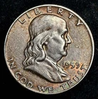 1959 Franklin Half Dollar. AU. Nicely Toned.