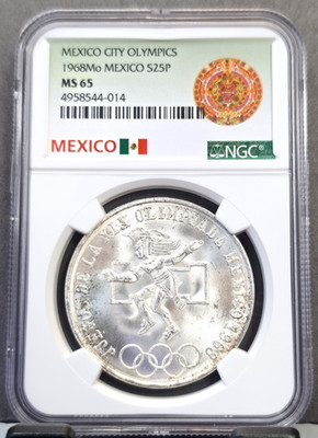 1968 MEXICO SILVER 25 PESOS MEXICO CITY OLYMPICS NGC MS 65 BEAUTIFUL GEM COIN