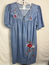 Vintage National Denim Embroidered Floral Dress Pockets Cottagecore  1X