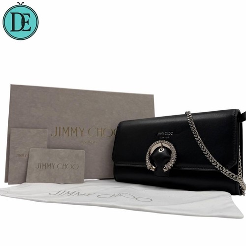 Jimmy Choo Black Leather Crystal Chain Wallet Crossbody Clutch 2Way Bag SA