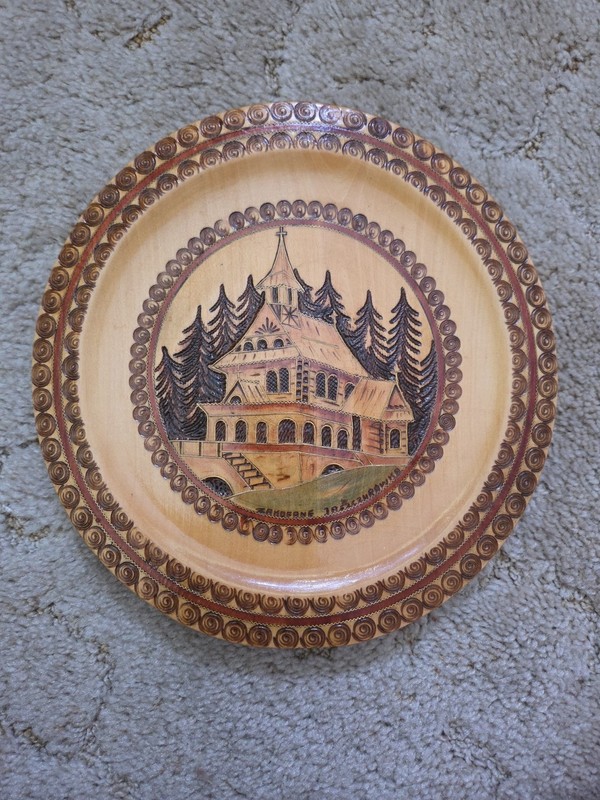 Rare Wood Zakopane Poland 9 1/4” Carved Wooden Plate Chapel Evergreens Linden