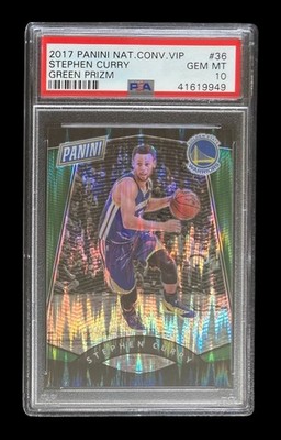 2017 PANINI NAT VIP GREEN PRIZM #36 STEPHEN CURRY 5/5 PSA 10