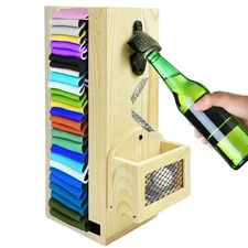 3 in 1 Wall Mounted Wooden Can Cooler Holder with Bottle Opener and Cap Colle...