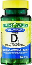 Spring Valley Extra Strength Vitamin D3 Softgels, 125 mcg 5000 IU , 100 Count
