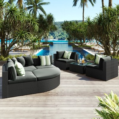 GO 7-piece Outdoor Wicker Sofa Set, Rattan Sofa Lounger, With Striped Green Pil