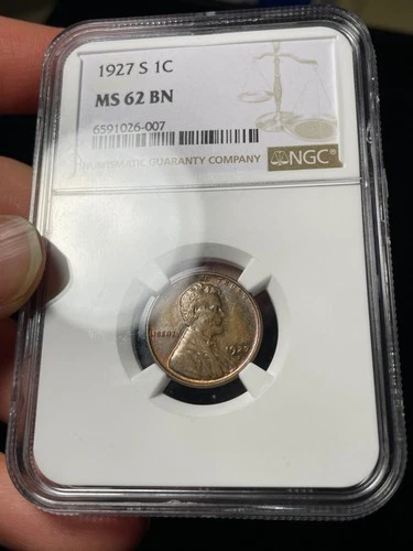 1927-S NGC MS62 BN Lincoln Wheat Cent Tougher Date Toned