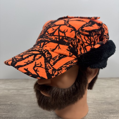 Cabela's L Gore-Tex Thinsulate Blaze Orange Camo Hunting Trapper Hat Earflaps - Picture 7 of 18