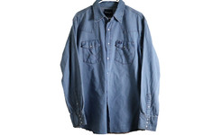 VINTAGE Wrangler Mens Denim Shirt Large Pearl Snap Accent Western Pre Owned