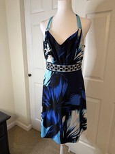 White House Black Market Blue Black White Floral A-Line V-Neck Dress M Lined