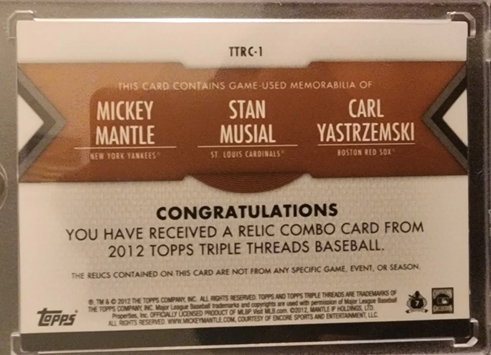 2012 Topps Triple Threads Mantle/Musial/Yastrzemski Triple Juego Usado Reliquia 19/27 Foto 2 de 2