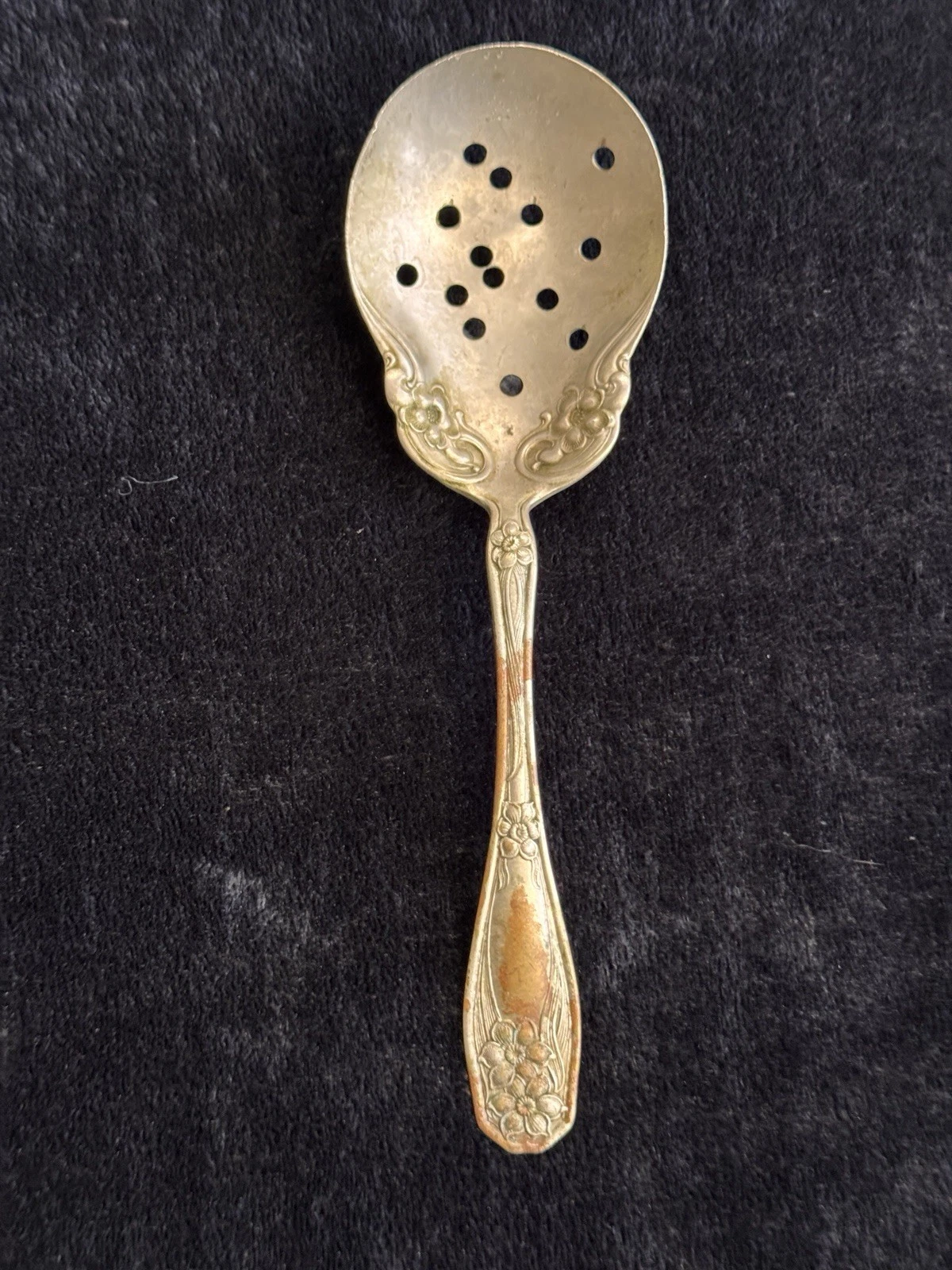 Antique Pierced Berry Spoon "SOLID NICKEL SILVER" Victorian Floral Server 9.5"