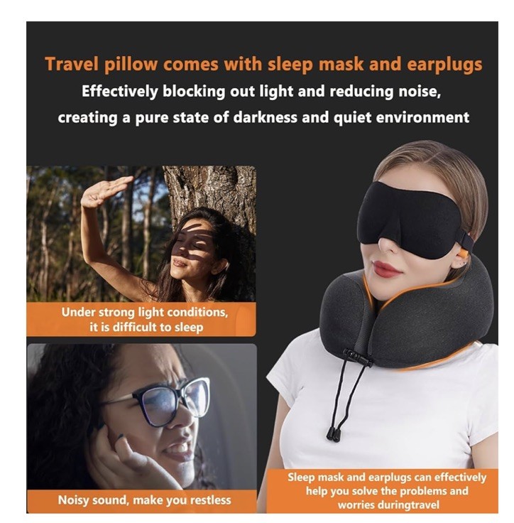 100% Pure Memory Foam Travel Neck Pillow - Comfortable & Breathable for Trips