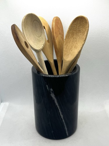 Vintage Black Marble Utensil Holder Kitchen Crock