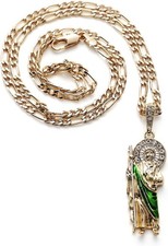 Gold Plated Green Saint Jude Pendant Necklace Figaro 24" San Judas Tadeo...