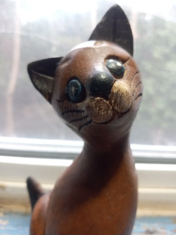Vintage Wooden Cat Figurine Hand Carved Painted Black Brown Blue Eyes 6.5 in. H