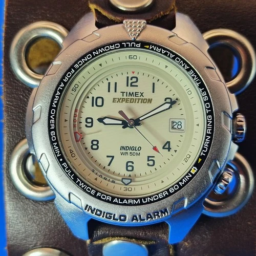 Vintage Timex Expedition ALARM 39mm Mens Watch Genuine Leather Double Cuff