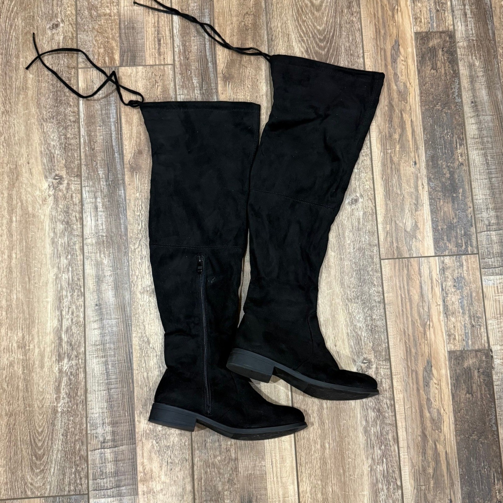 Womens Black Faux Suede Over The Knee OTK Boots Tie Back Low Block Heel 7.5