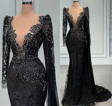 Luxury Mermaid Prom Dress V-Neck Long Sleeves Lace Beaded Crystals Evening Gowns
