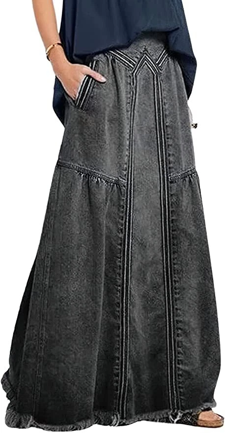 Women's Retro Elastic High Waist Frayed A-Line Maxi Denim Skirt with Pockets - Image 2 of 4