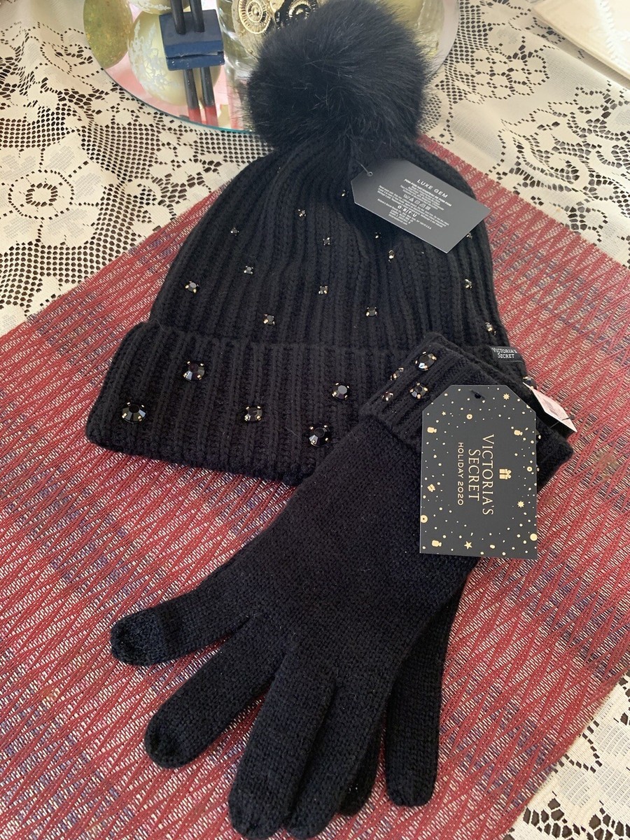 Victoria’s Secret Holiday 2020 Black Rhinestones  Pom-Pom Beanie Hat & Glove Set NEW Victoria main image 3