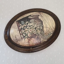 Vintage Convex Wood Decoupage Rustic Primitive Farmhouse Gallery Wall Art Oval