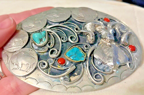 Vinatge Native Silver Nickle Ram & Buffalo Nickels, Turquoise & Coral Buckle - Picture 9 of 19