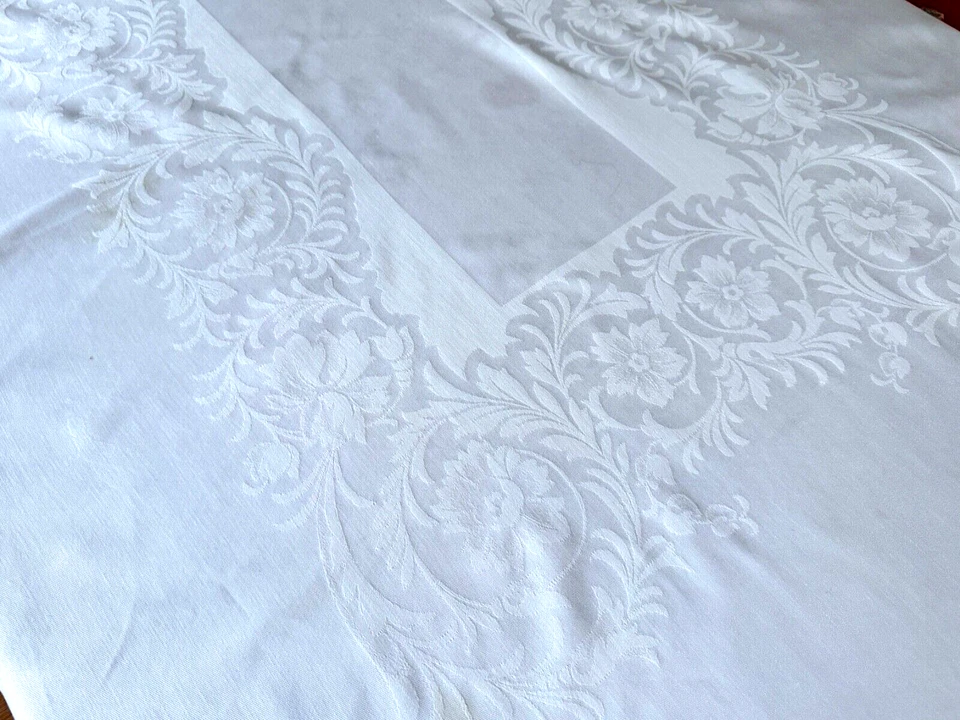 Vintage Linen Blend Damask Tablecloth - Rectangular Bands of Flowers A544 - Image 3 of 4