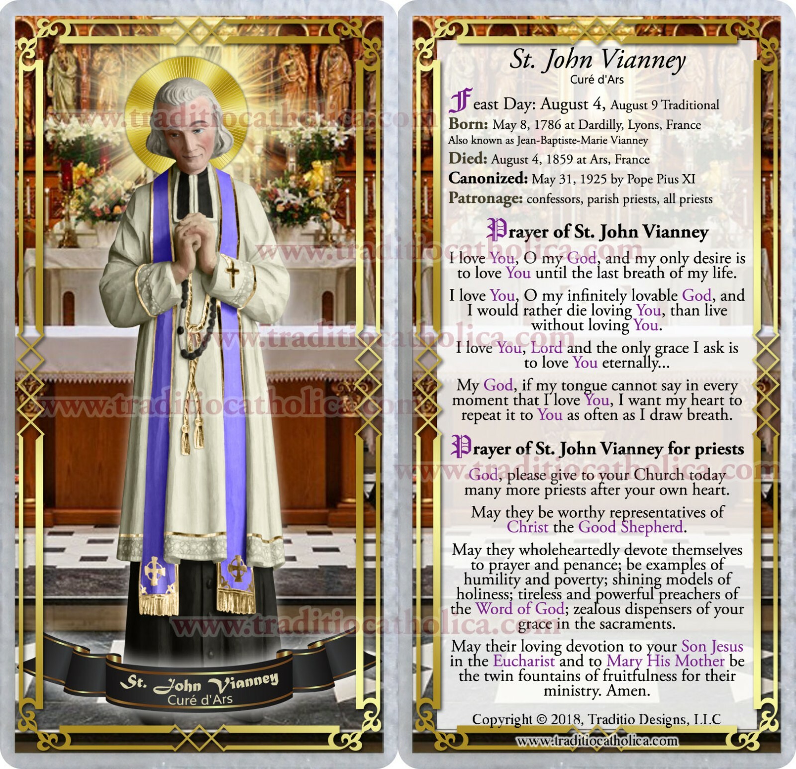 Saint St John Vianney, France laminated Holy Prayer card. St. John