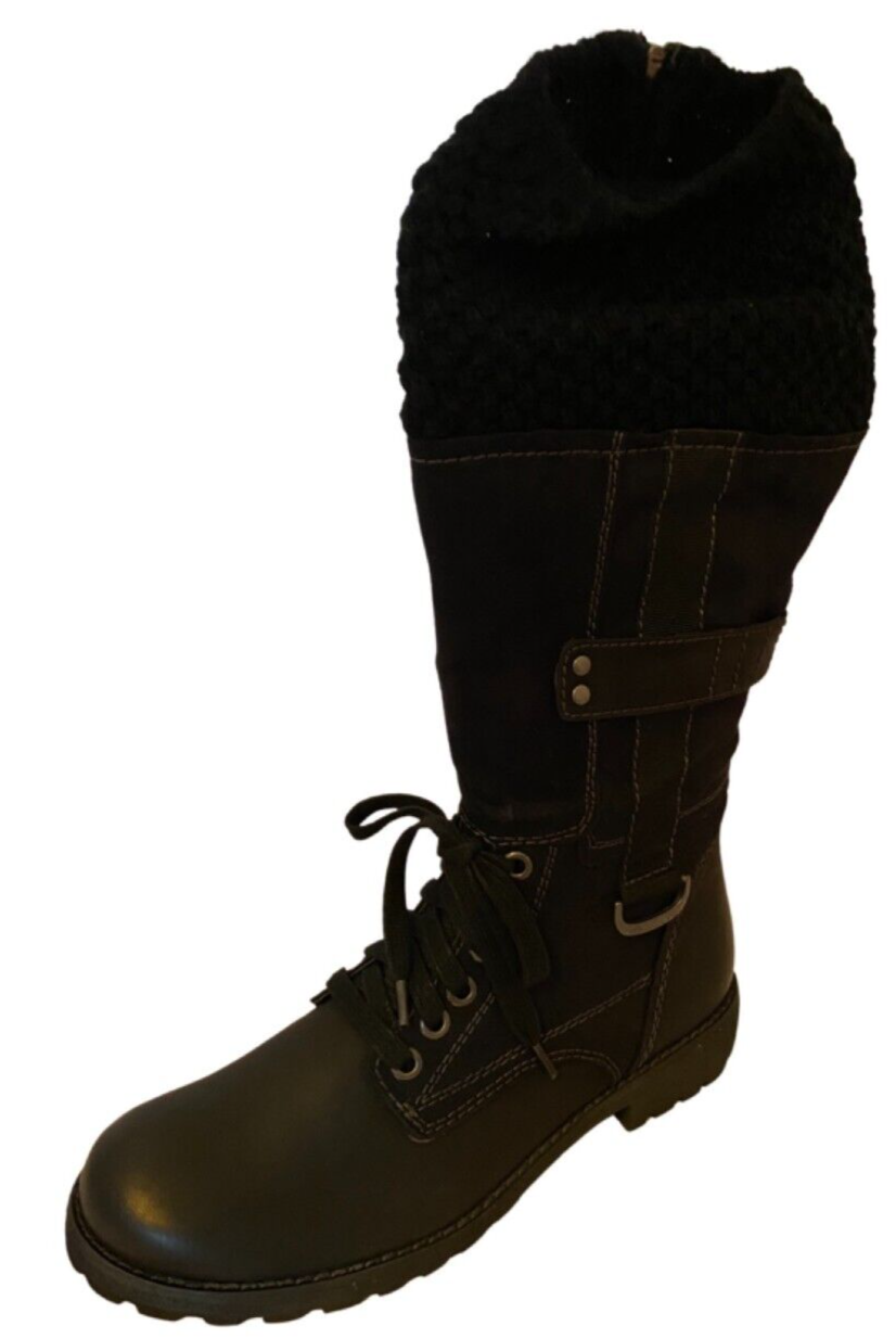 Tamaris Mid Calf Zip Up Low Heel Boots Women's Black with Knitted Top