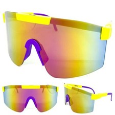 Oversized RETRO SPORTY WRAP AROUND Style SUN GLASSES Neon Yellow Frame Gold Lens