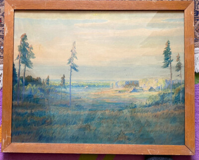 ::WATERCOLOUR FIRS FOREST EDGE LÜNEBURG HEATH HOUSES ON THE EDGE OF THE FOREST EVENING MOOD 