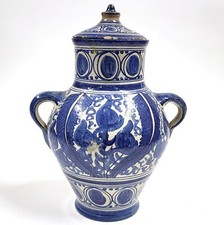 Vase À Couverture En Terre Cuite Émaillée Bleu Et Blanc Espagnol Vintage – 14"