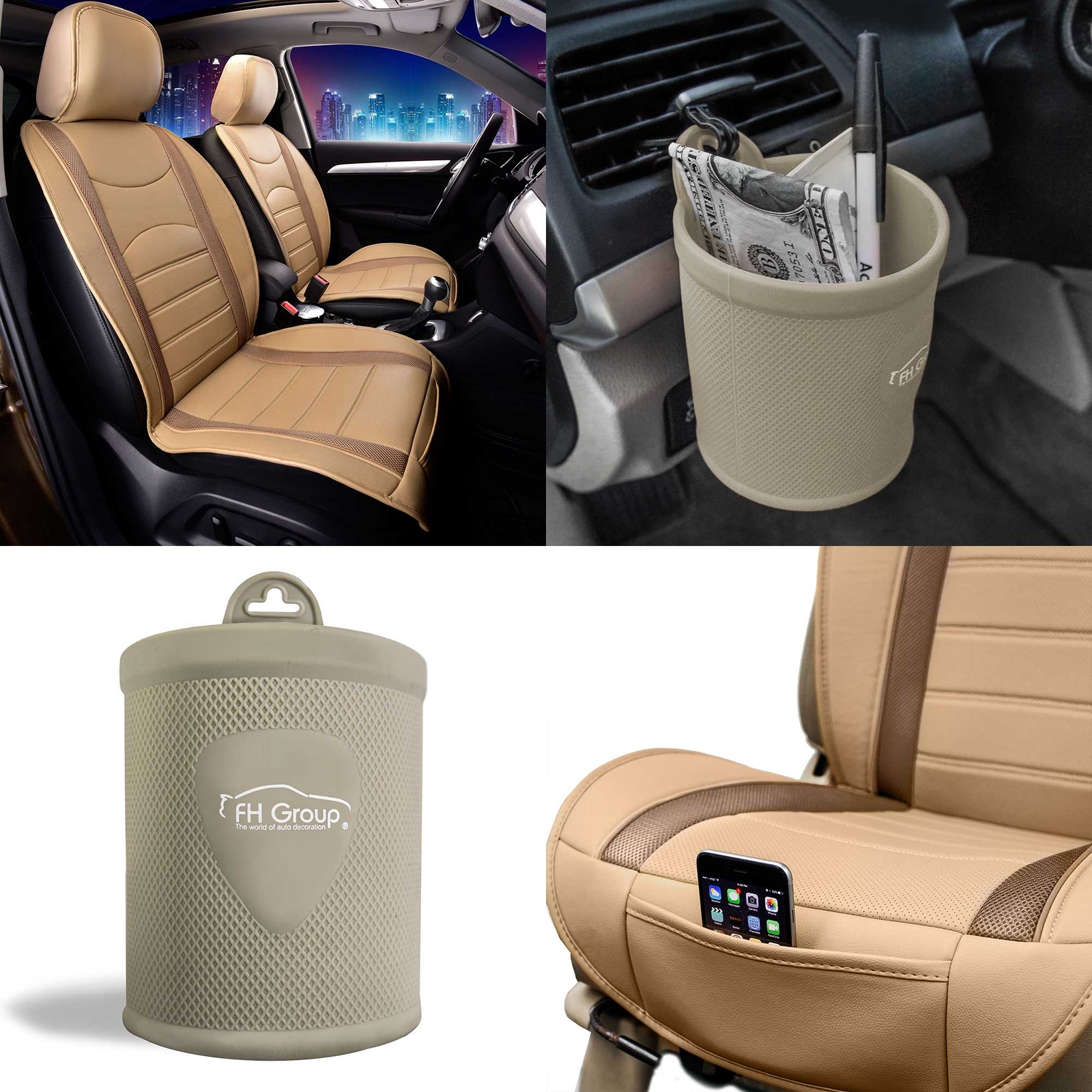 Neoblend Leather Seat Front Bucket Cushion Pad Beige w/Travel Cup Holder