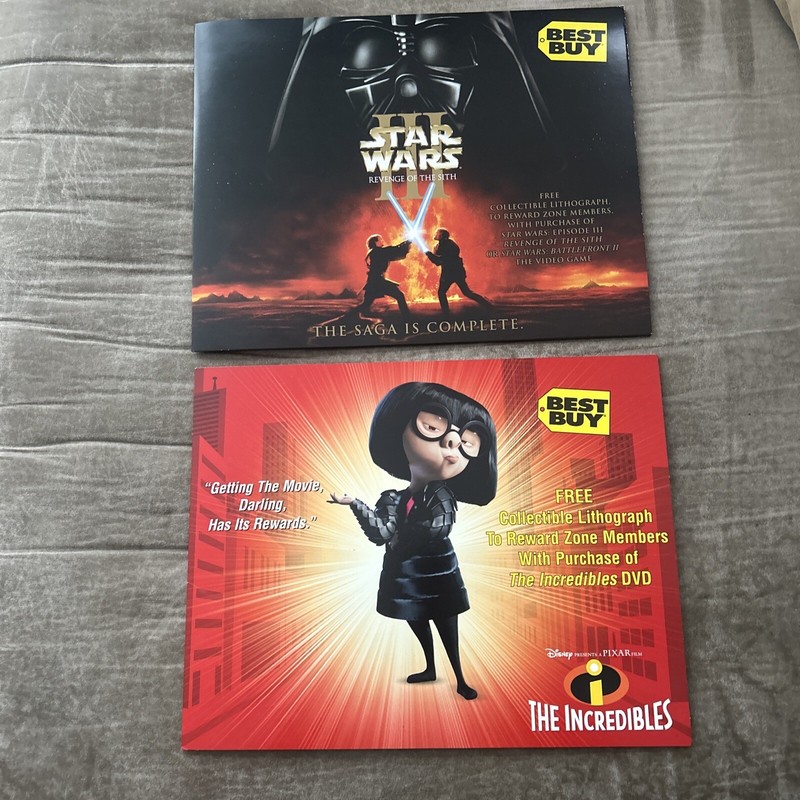 Lot of 2 Best Buy Lithographs - Star Wars III Revenge of the Sith & Incredibles