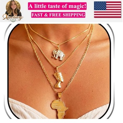 Africa Map Choker Necklace Gold Elephant Rhinestone Necklaces Chain Layered E...