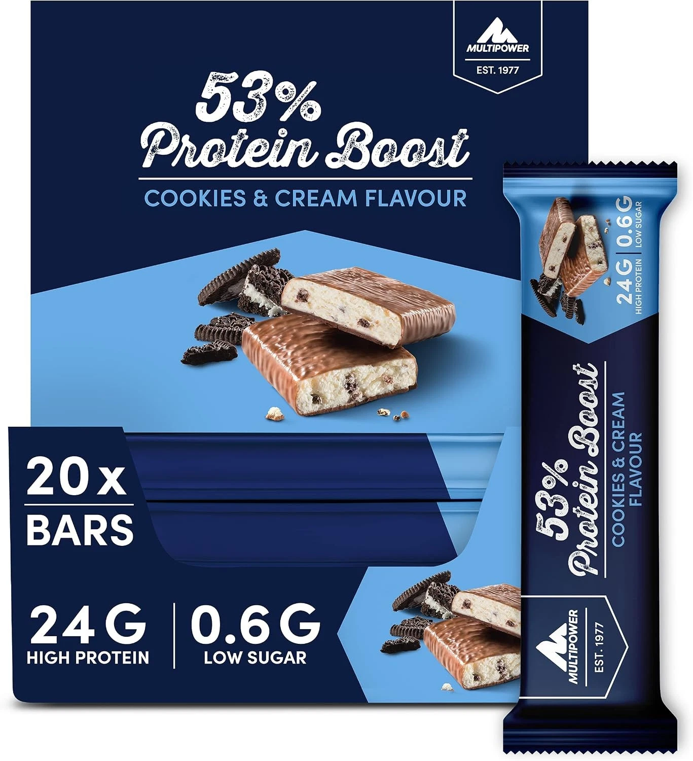20x45g - Multipower 53% Protein Boost, Riegel, Cookies & Cream - MHD 30.09.26 - Bild 1 von 2