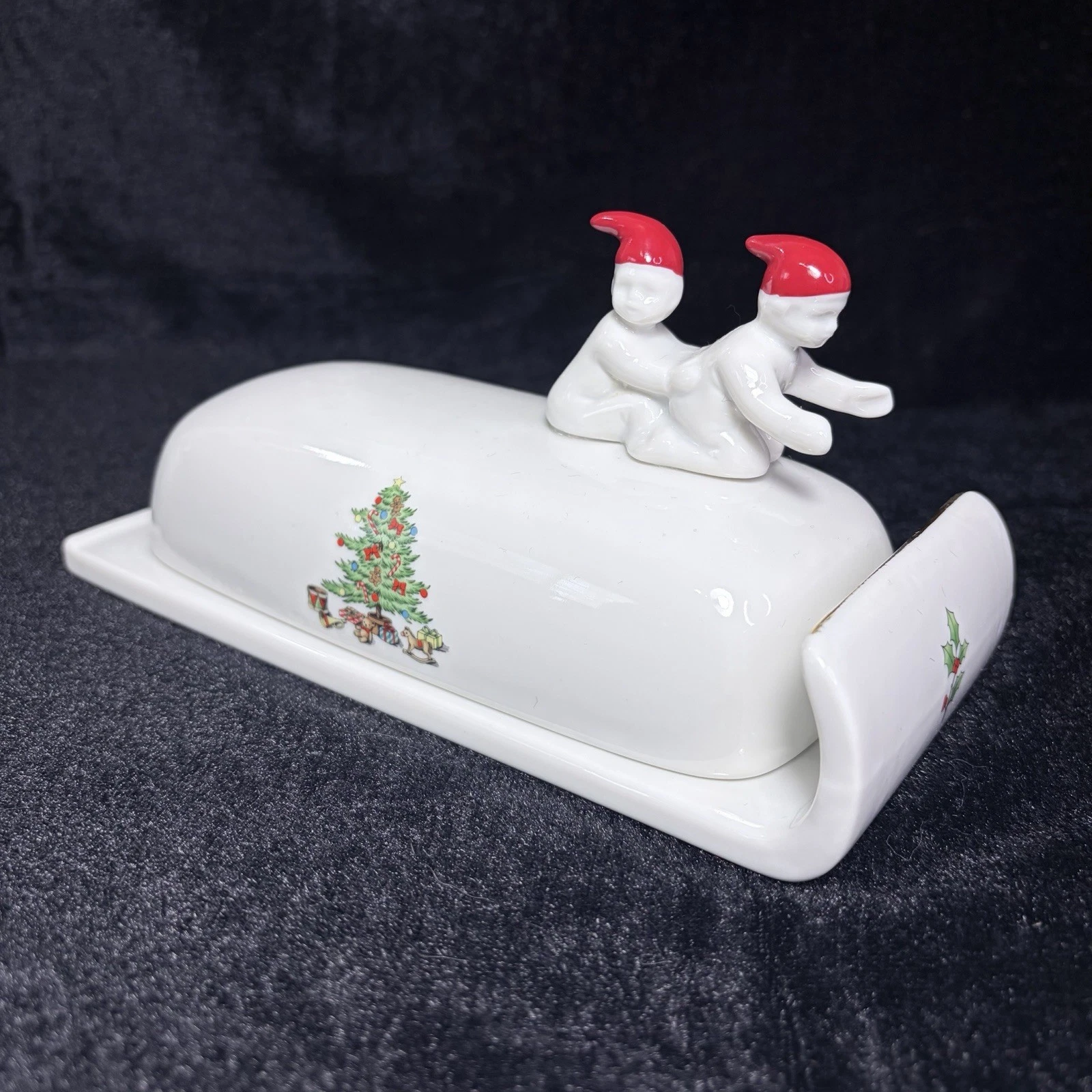 Vintage Japan HOLIDAY HOSTESS Sled Christmas Ceramic Covered Butter Dish PIXIES