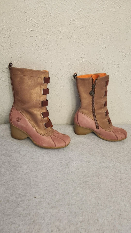 Timberland Botas de Cuero para Mujer Talla 9 Rosa Marrón Media Pantorrilla Cuña Cremallera Lateral Correa Foto 2 de 4