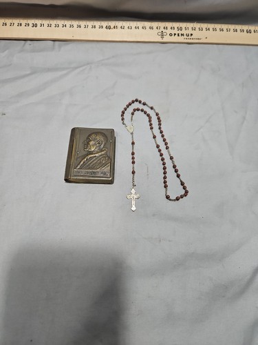 Vintage Pope Pius XII Brass Book Rosary Box Set French Miraculous Medal 
