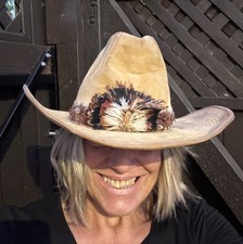 Vintage Western country Tan Cowboy Hat Faux Suede Feather Band SZ-M or 7-7 1/8