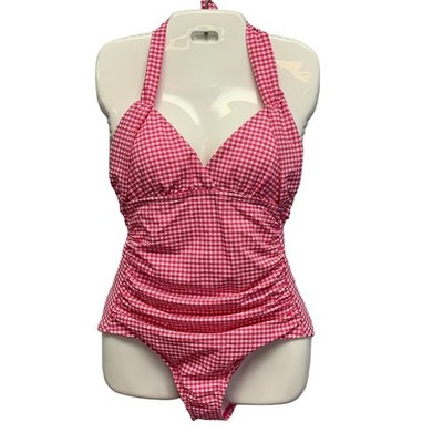 New Draper James Womens Retro Mod Medium Pink Gingham Check One Piece Swim Suit