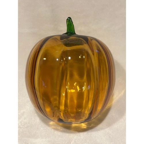 Blenko Art Glass  Pumpkin w/ Green Stem Hand Blown Topaz Amber USA 7” fall decor